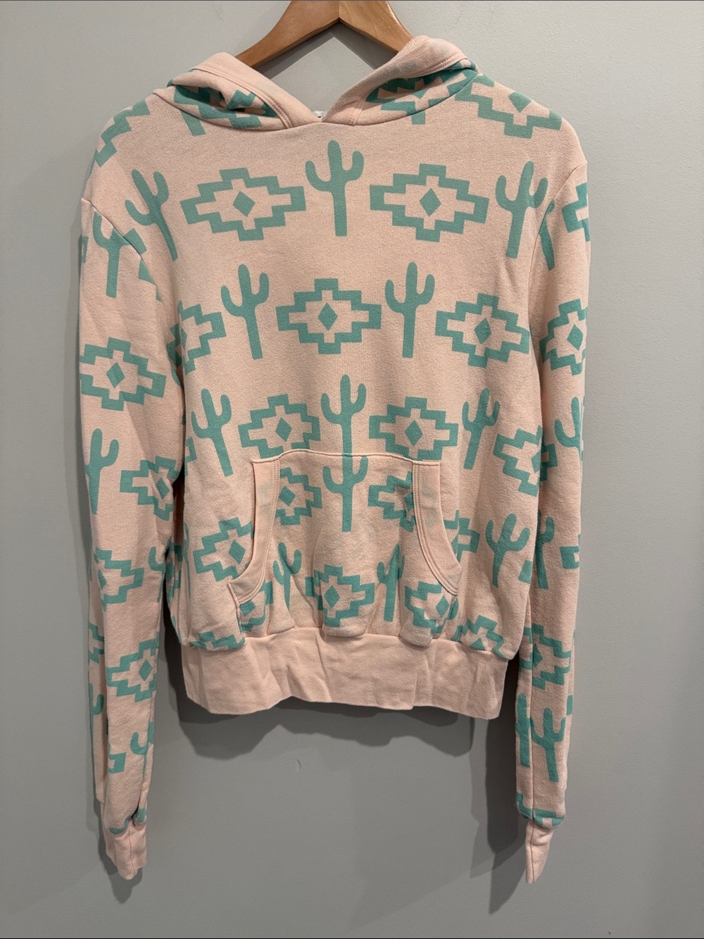 Wildfox Cream Hoodie with Teal Cactus & Aztec Print